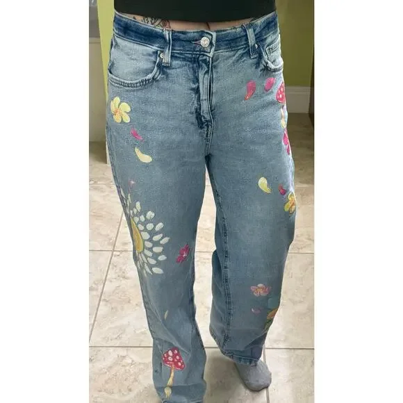 Wild Fable High Rise Dad Jean Artsy painted boho wide leg denim jeans 4 baggy - Picture 3 of 8